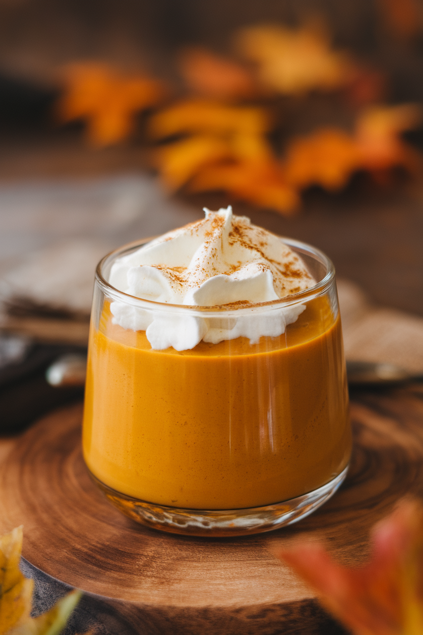 Indoor photo of a clear glass cup filled with smooth pumpkin custard topped with whipped cream and a dusting of nutmeg. No text or logos.