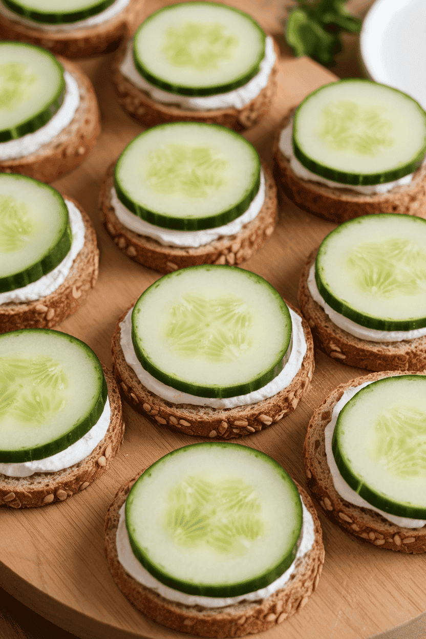 An indoor catering platter with bite-size whole-wheat bread rounds layered with herbed cream cheese and thin cucumber slices, edges neatly trimmed. No text or logos present. Photo, not illustration.