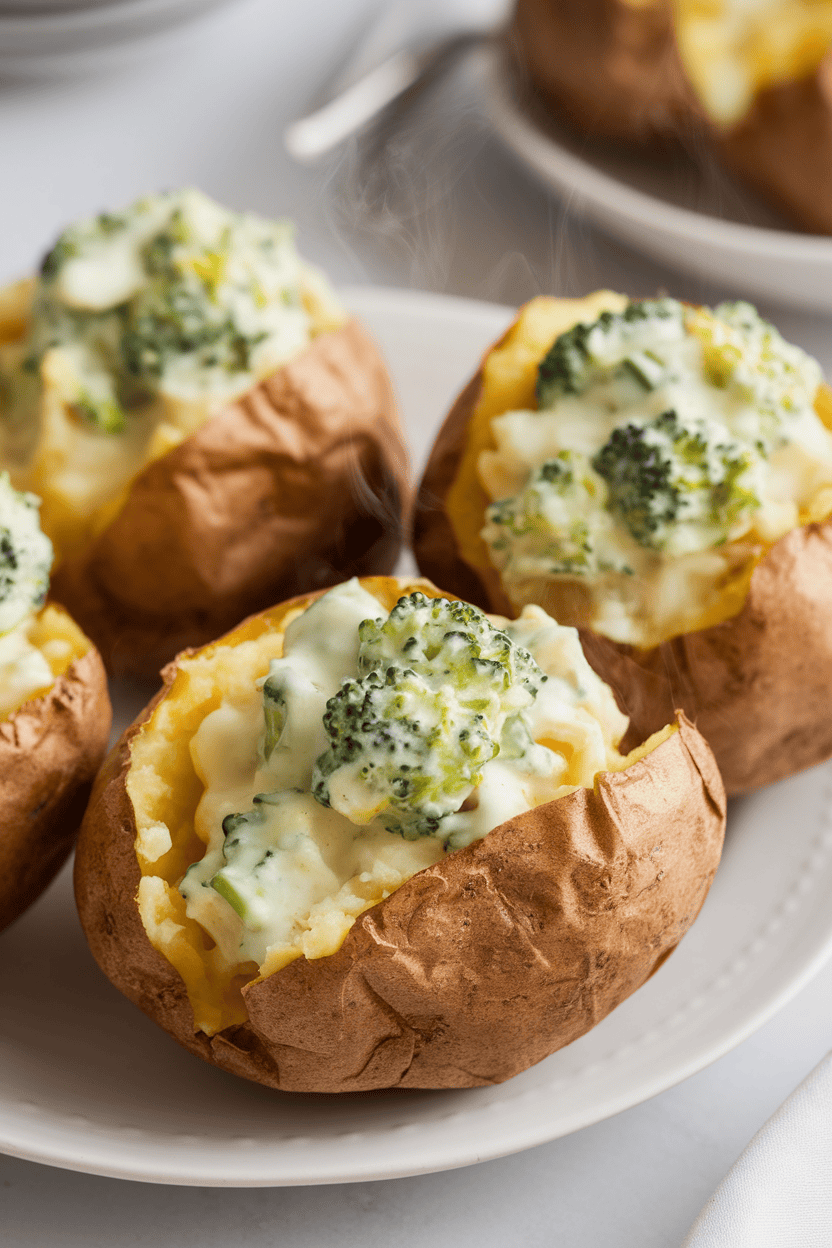 Photo indoors of baked potatoes split and overflowing with creamy broccoli-cheddar filling, steam visible; no text or logos present.