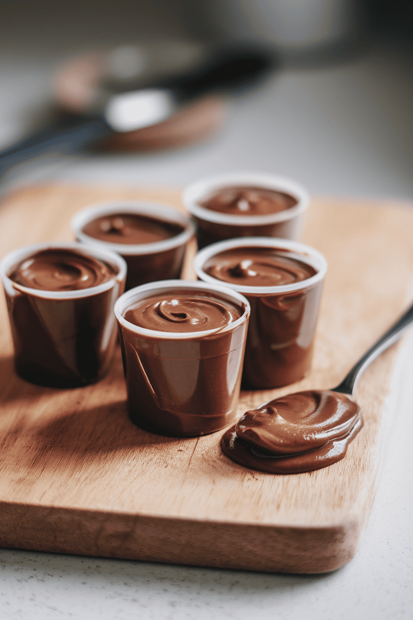 An indoor scene featuring small reusable squeeze tubes filled with homemade cocoa hazelnut spread on a cutting board, a spoon showing the creamy texture. Soft lighting; no text or logos; photo, not illustration.