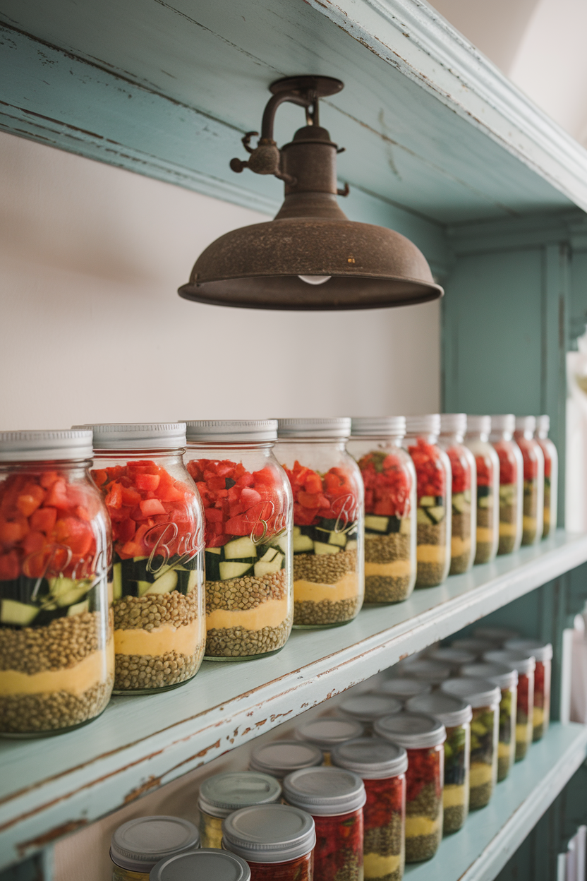 Indoor shelf lined with mason jars layered with green lentils, diced tomatoes, cucumbers, and lemon dressing at the bottom. No text or logos.