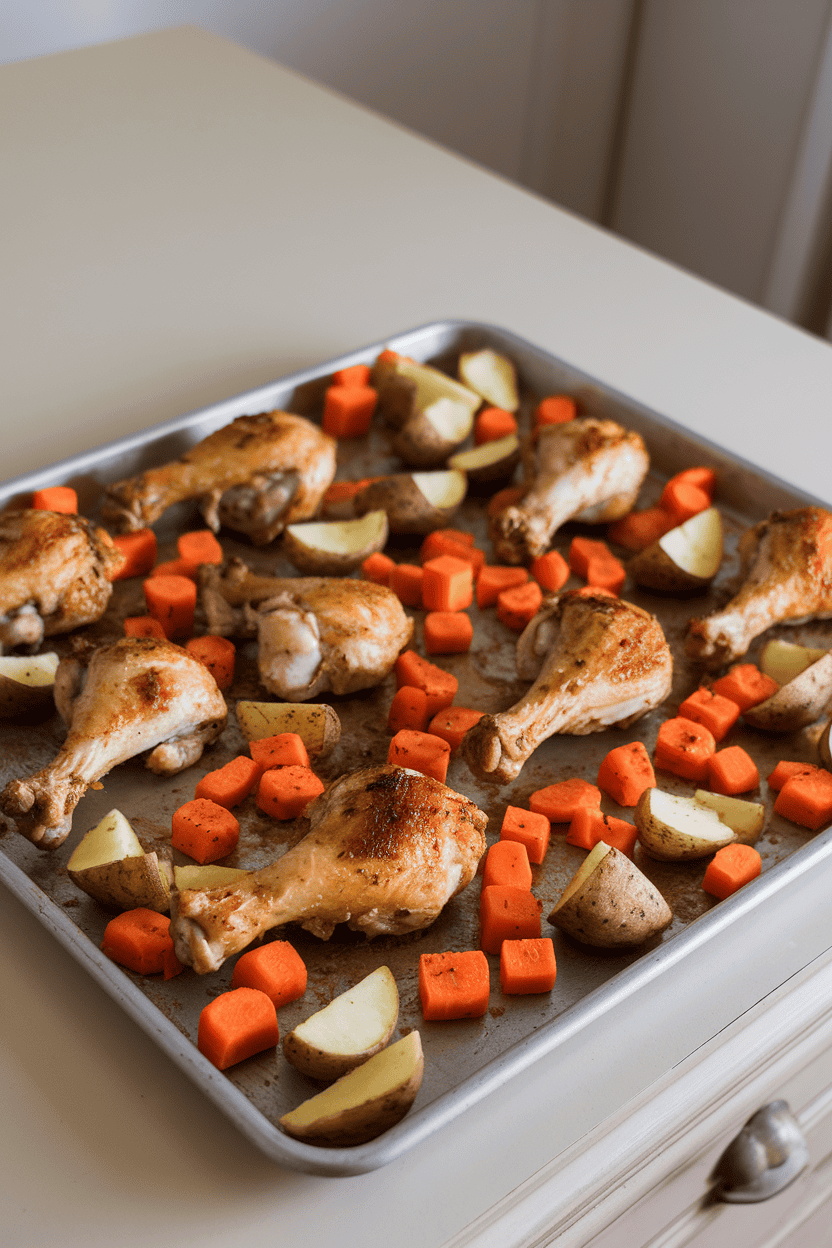 Photo, indoor kitchen table, a sheet pan holding roasted chicken drumsticks surrounded by seasoned carrot chunks and potato wedges; no text or logos anywhere.