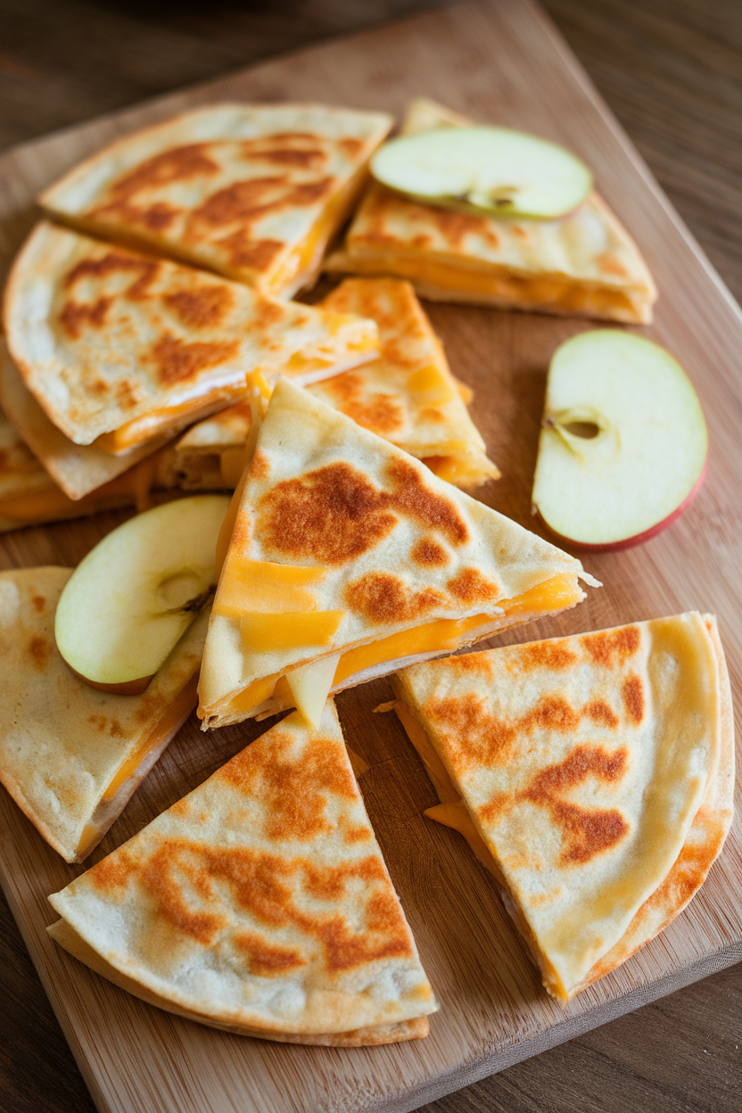 Indoor stovetop scene with a cutting board showing triangular cheddar and apple quesadilla wedges, cheese slightly melted, apple slices peeking out. No text or logos present.