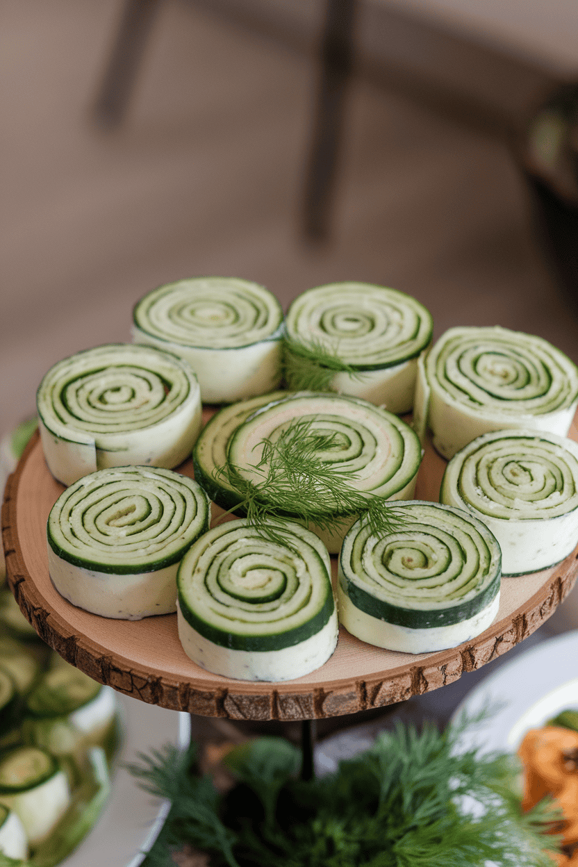 A photo of several creamy cucumber pinwheels displayed on an indoor platter, tortillas rolled and sliced neatly, no text or logos visible.