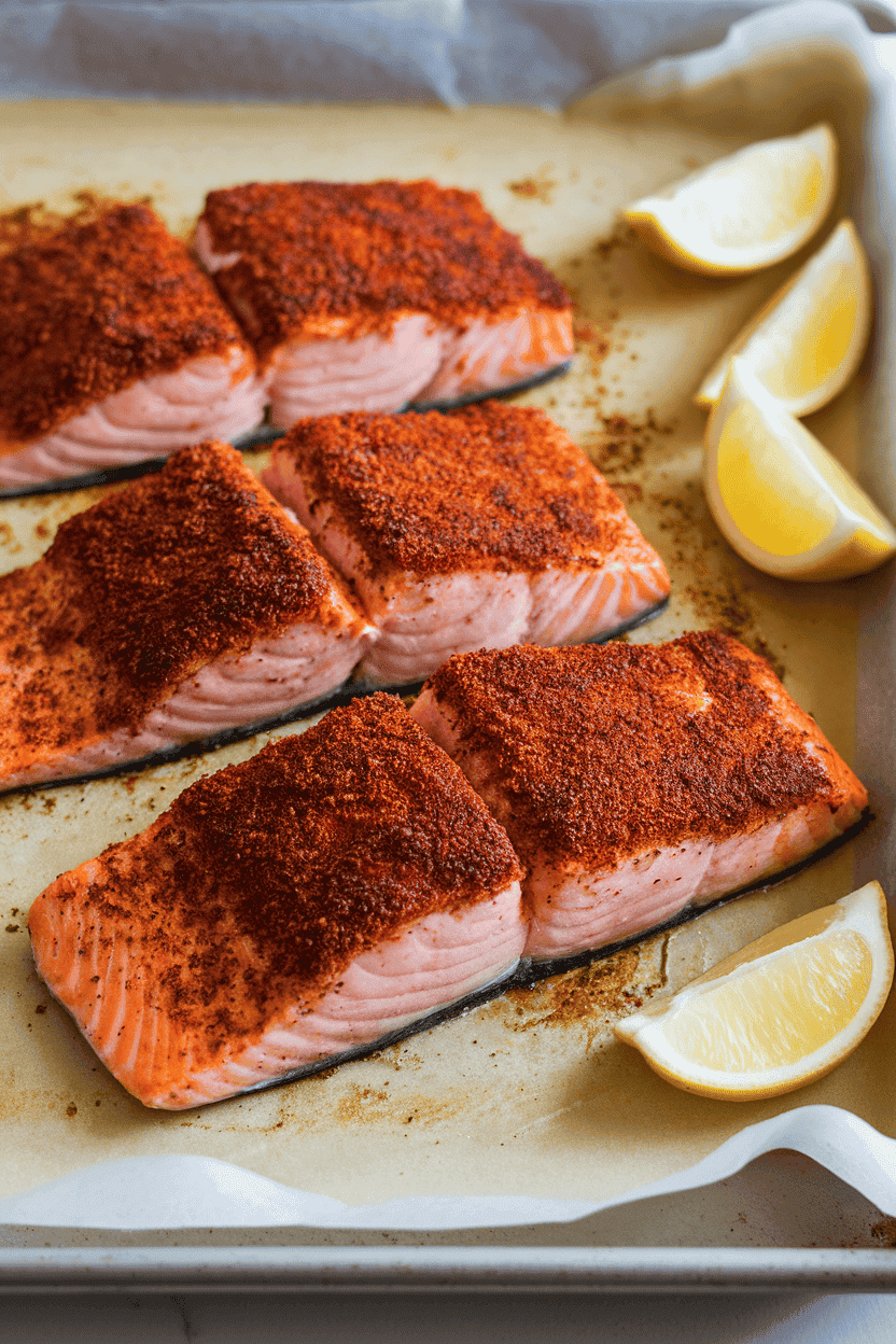 A parchment-lined indoor baking sheet with cooked Cajun-rubbed salmon fillets, lemon wedges alongside—photo, no text or logos.