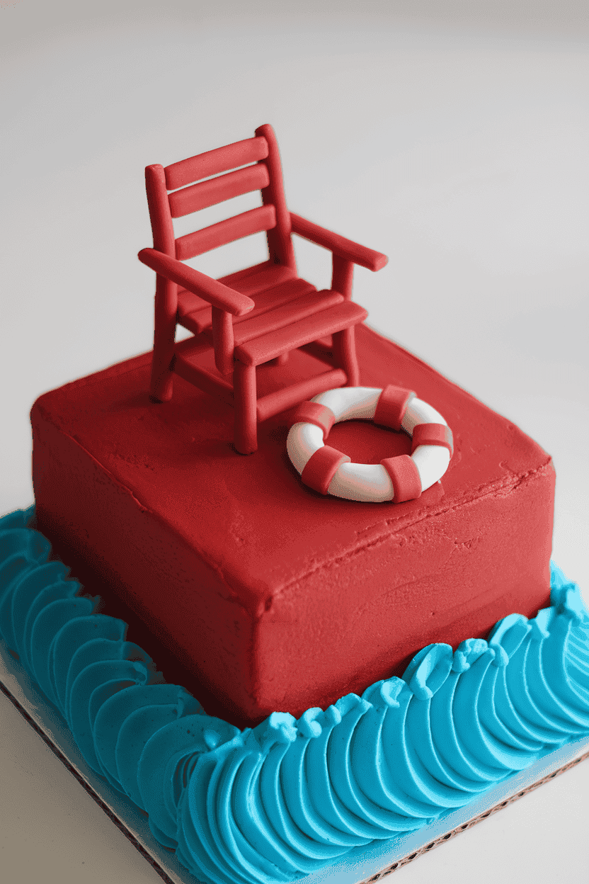 Indoor photo of a square red velvet cake featuring a small fondant lifeguard chair, edible life preserver ring, and blue buttercream waves at the base; no text or logos.