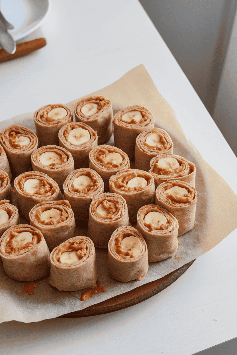 An indoor dining table showing whole-wheat tortilla roll-ups sliced into bite-size rounds, peanut butter spiraling around ripe banana centers, arranged on parchment. No text or logos present. Photo, not illustration.