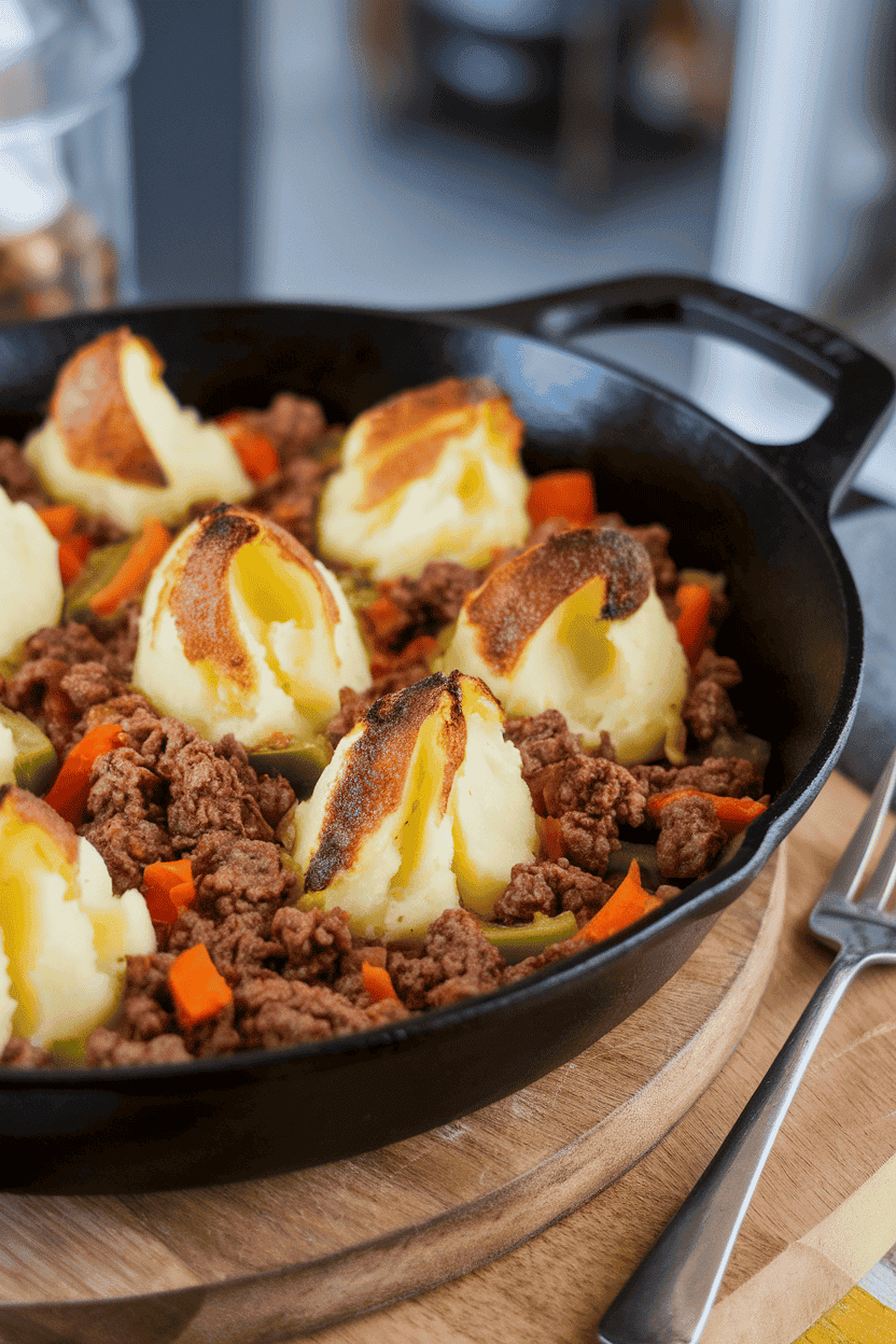 A cast-iron skillet on an indoor surface displaying browned mashed potato peaks over savory ground beef and veggies—photo, no text or logos.