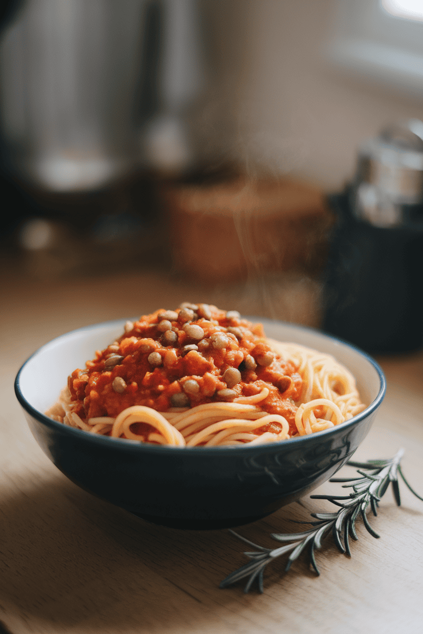 Photo of a bowl of cooked pasta mixed with red lentils and tomato sauce, steam lightly visible indoors; no text or logos anywhere.