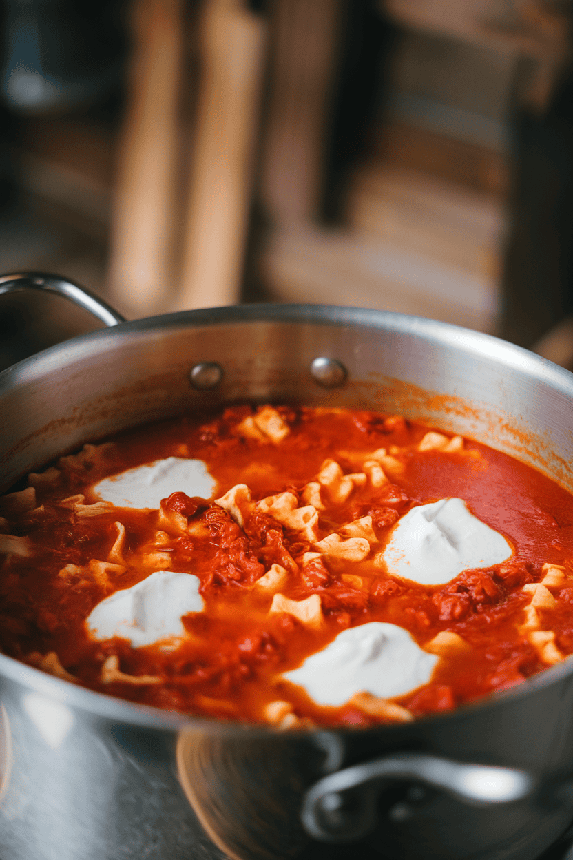 An indoor soup pot filled with tomato-broth lasagna soup, broken pasta pieces and dollops of ricotta visible; photo, no text or logos.