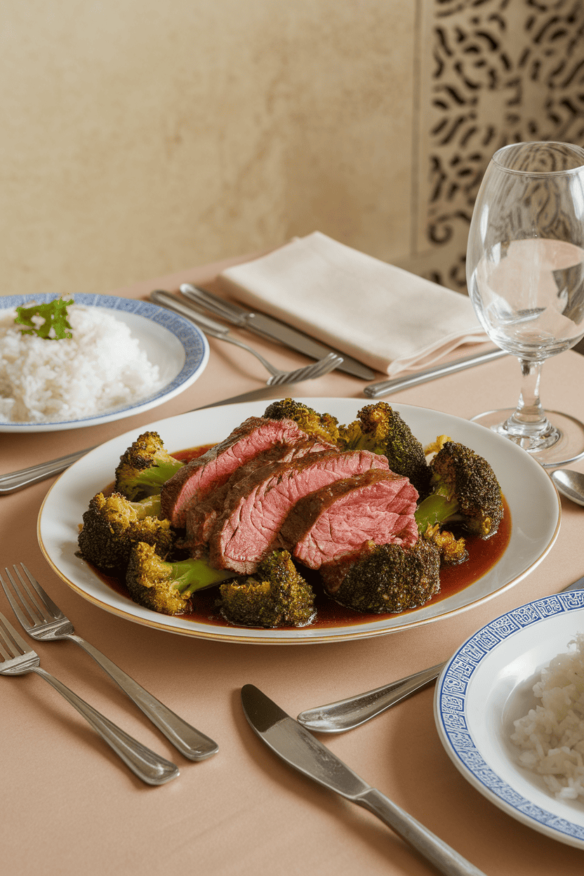 An indoor dinner table displaying a plate of sliced beef and broccoli florets coated in glossy sauce, served with a side of rice. Photo only; no text or logos.