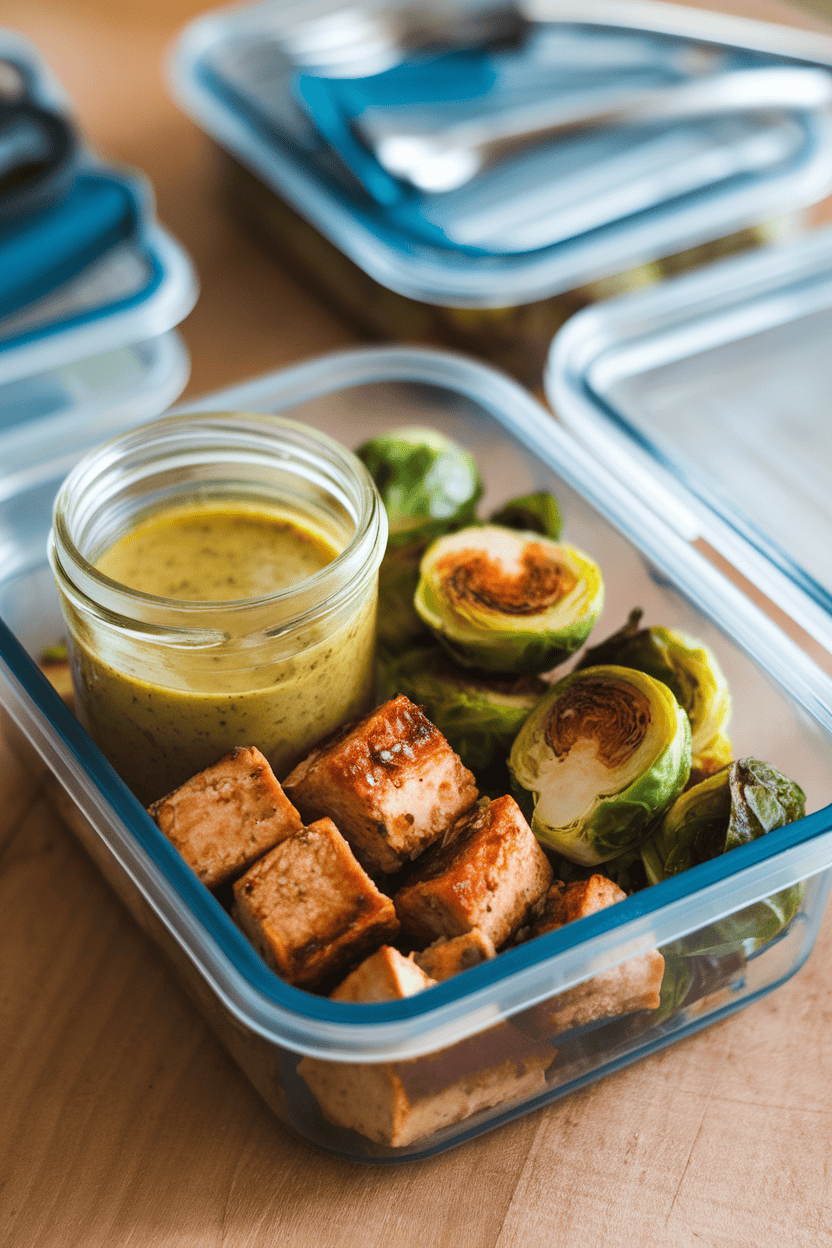 An indoor meal prep container with roasted tempeh cubes, caramelized Brussels sprouts halves, and a small jar of mustard vinaigrette; no text or logos; photo only.