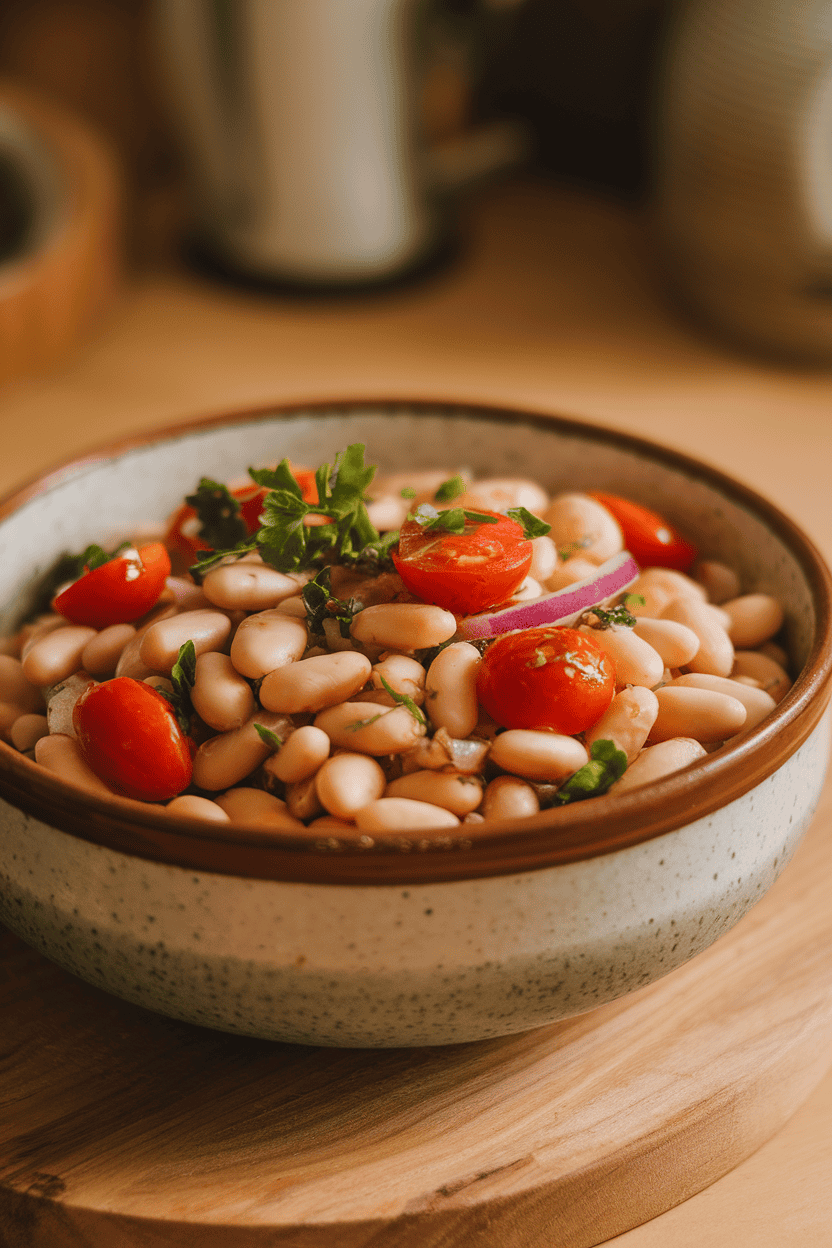 An indoor ceramic bowl containing cannellini beans tossed with cherry tomatoes, red onion slivers, parsley, and a drizzle of olive oil. Ambient kitchen lighting, no text or logos. Photo, not illustration.