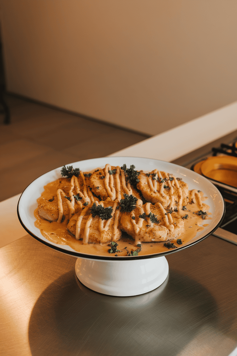 A white serving platter on an indoor counter with golden chicken cutlets draped in lemon-capers sauce and garnished with parsley. Warm overhead lighting, no text or logos. Photo, not illustration.