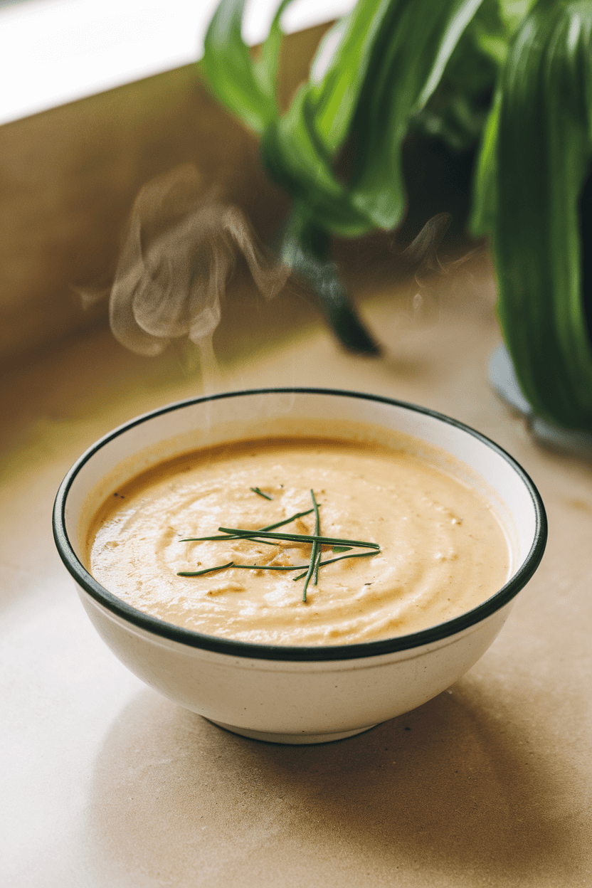 An indoor countertop with a bowl of creamy potato leek soup garnished with chives, steam visible. Photo only; no text or logos present.