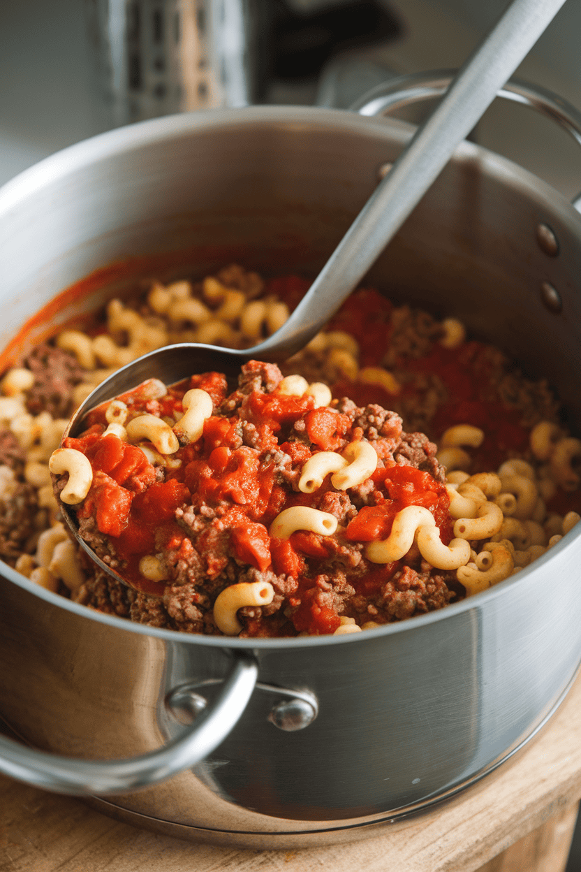 A sturdy indoor pot filled with elbow macaroni, ground beef, and tomato sauce goulash, ladle resting inside; photo, no text or logos.