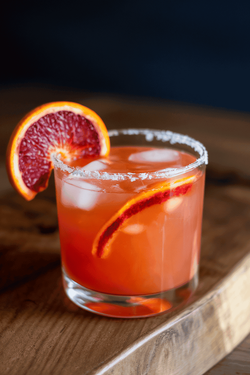 Photo, indoors, rocks glass with vivid red-orange margarita, half-salt rim, blood orange wheel perched on ice. No text or logos.