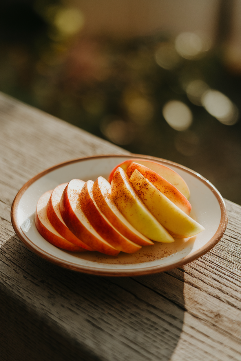 A small indoor plate of neatly fanned apple slices sprinkled with cinnamon, warm afternoon light, no text or logos.
