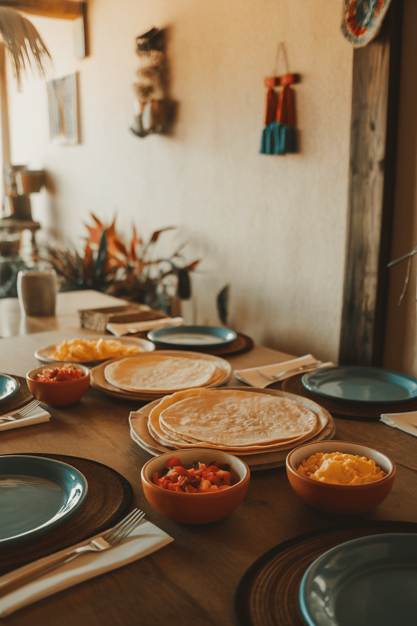 A warmly lit indoor table spread with tortillas, scrambled eggs, diced peppers, cheese, and salsa in small bowls ready for filling—photo, no text or logos.