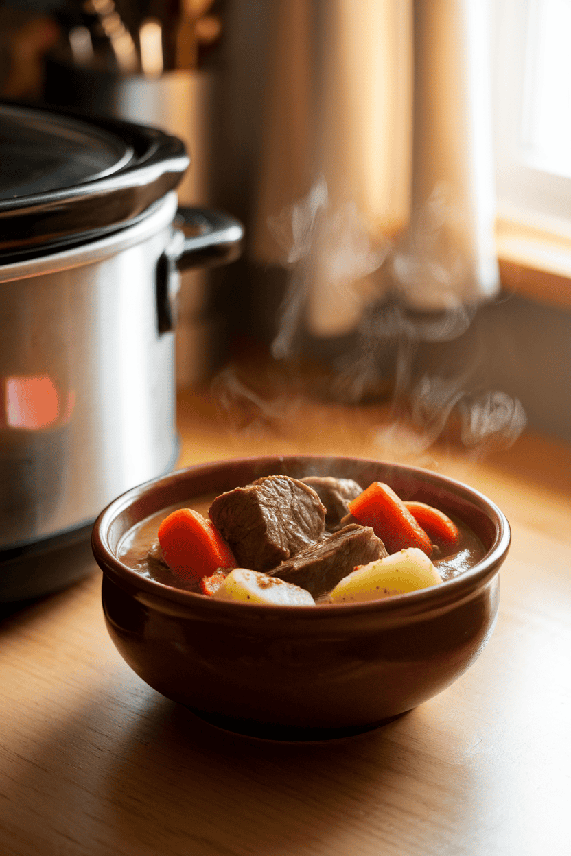 Warmly lit kitchen counter with a ceramic bowl of hearty beef stew—tender beef chunks, carrots, and potatoes in rich brown gravy—next to a slow-cooker crock, steam visible; no branding or text, photo only.