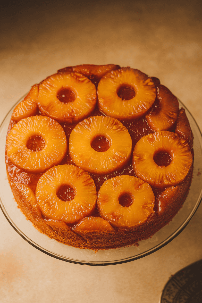 Indoor photo of a round pineapple upside-down cake on a cake stand, caramelized fruit glistening; warm overhead light; no text or logos