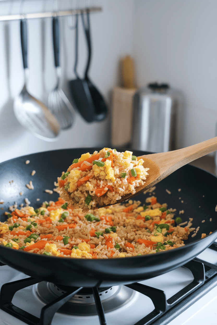 A wok on an indoor stovetop filled with colorful fried rice—carrots, peas, scrambled egg, and flecks of green onion—captured mid-toss with a wooden spatula. Soft kitchen lighting, no text or logos in sight. Photo only.