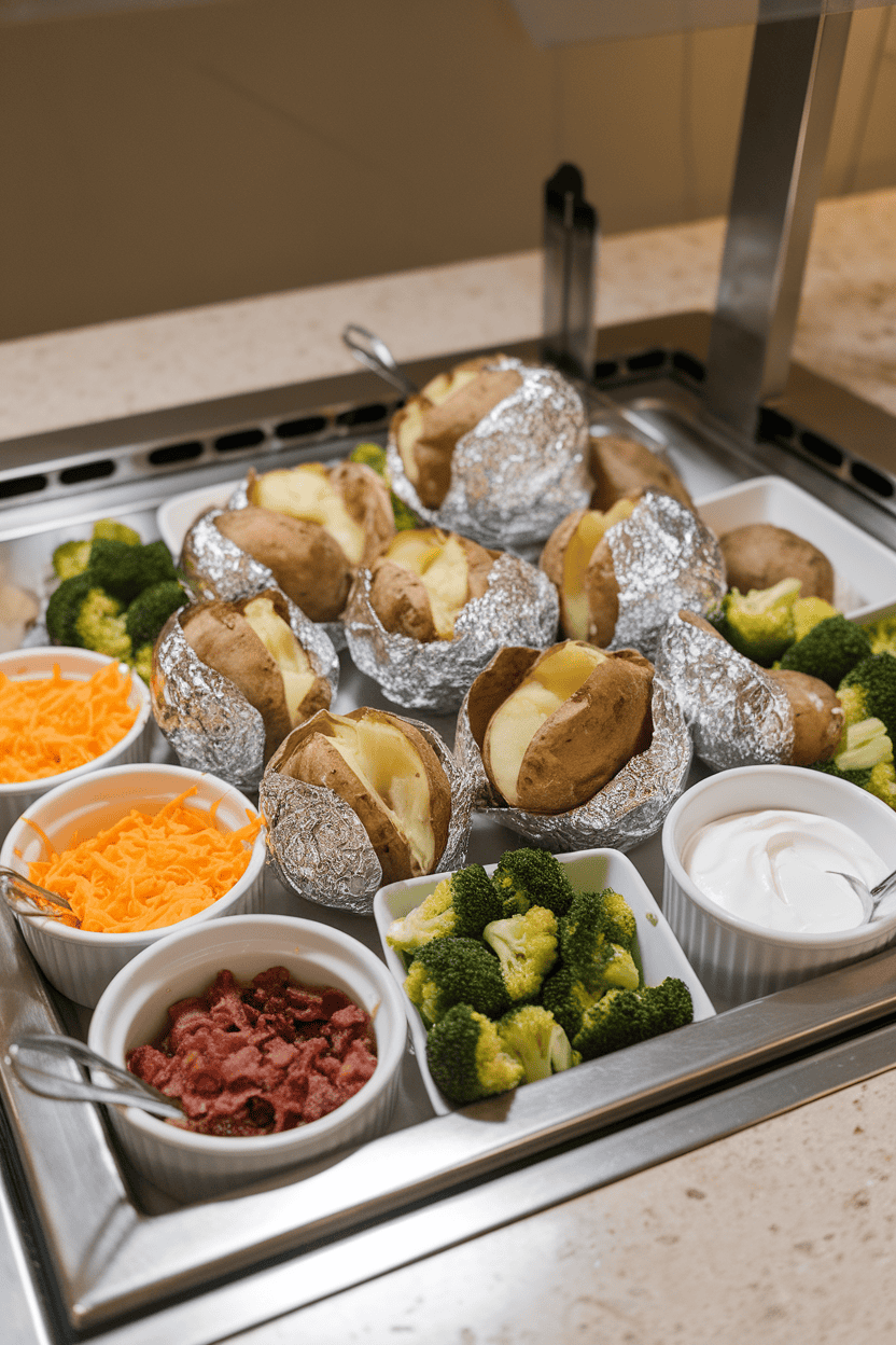 Indoor buffet counter with foil-wrapped baked potatoes split open, surrounded by small bowls of cheddar, steamed broccoli, bacon bits, and sour cream. No text or logos.