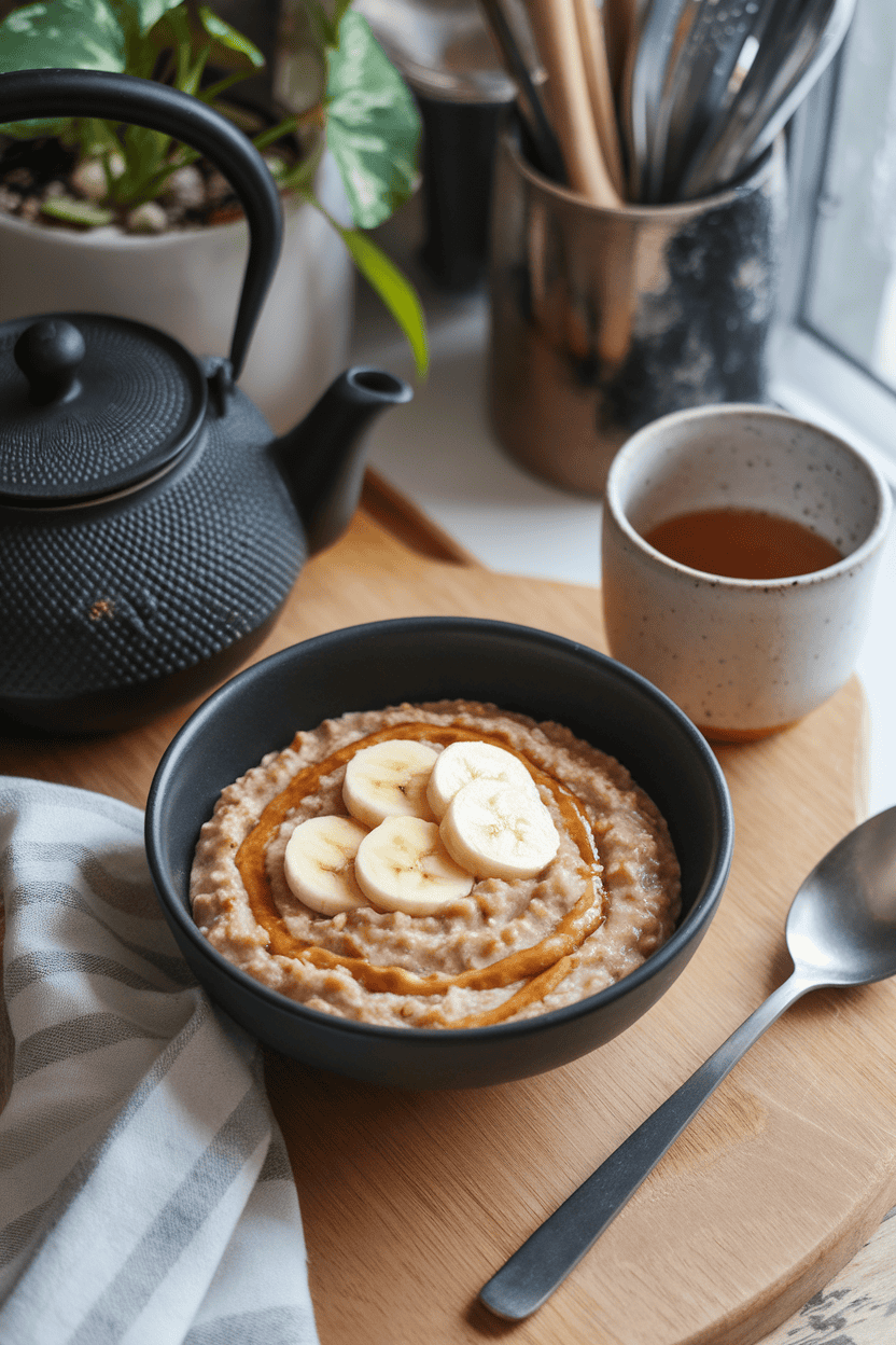 A cozy indoor breakfast scene with a bowl of oatmeal swirled with peanut butter and topped with sliced bananas and a drizzle of honey. Photo only; no text or logos on dishware.