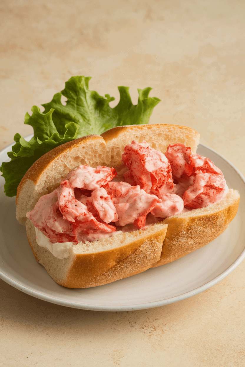 Indoor photo of a butter-toasted split-top roll filled with cooked lobster chunks dressed lightly in mayo, no text or logos.