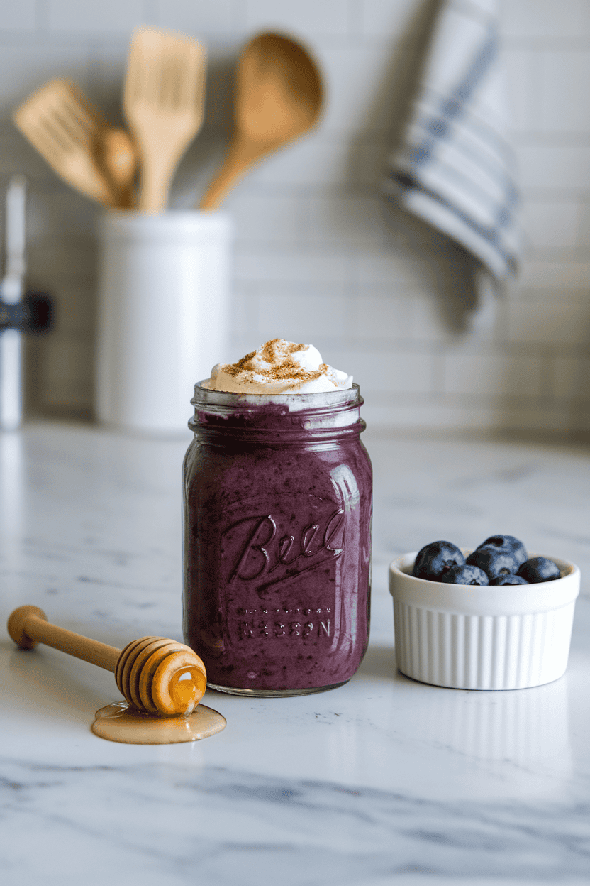 An indoor kitchen island with a mason jar of deep purple blueberry smoothie beside a drizzle-covered honey dipper and a small ramekin of berries. Photo, no text or logos.