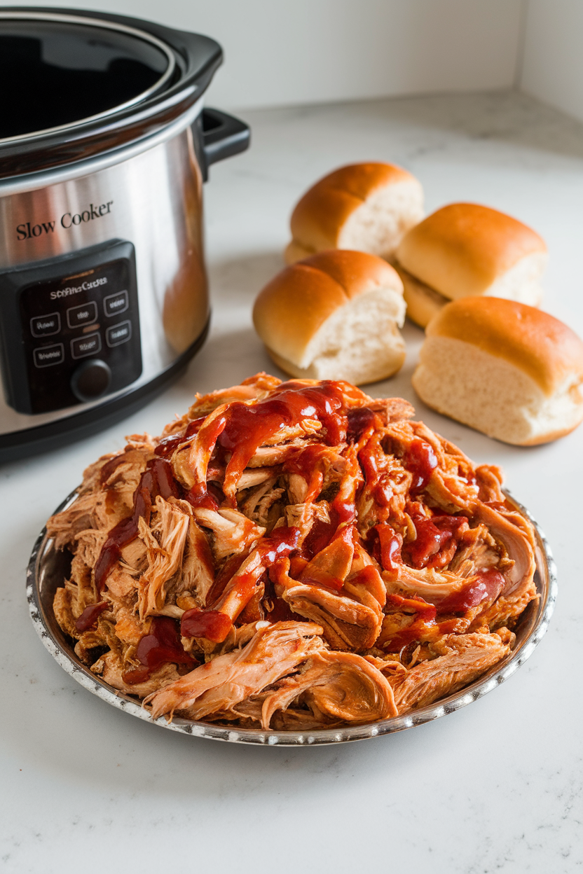 An indoor countertop featuring a slow cooker beside a platter of shredded barbecue chicken, glistening with sauce, and soft sandwich rolls nearby. No text or logos visible in the scene.