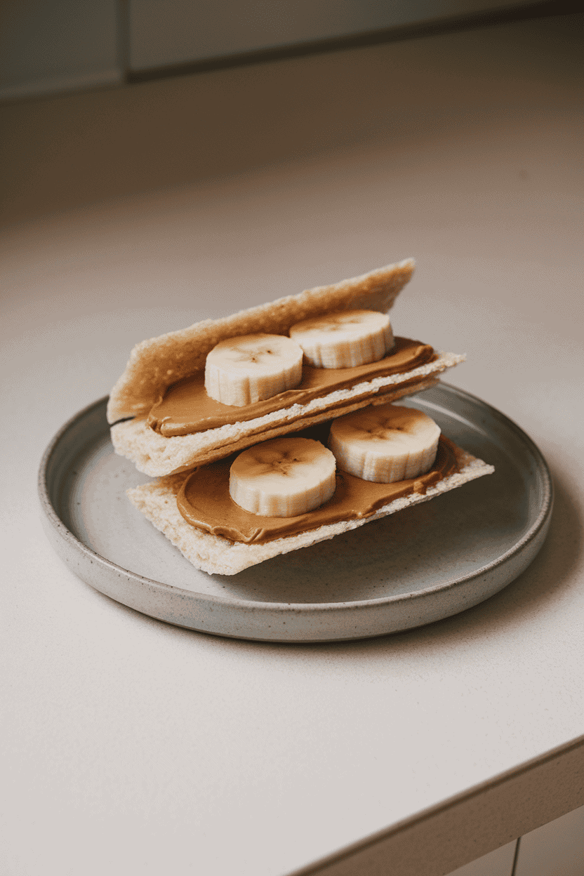 Indoor kitchen counter with two thin rice cakes spread with sunflower seed butter and layered with banana slices, clipped together like a sandwich. Soft light, no text or logos, photo only.