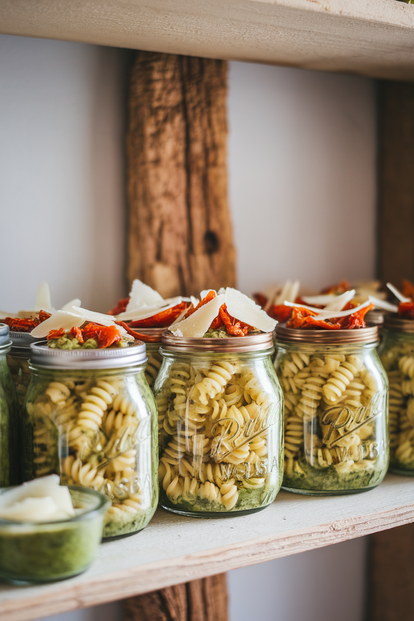 Photo of an indoor shelf with half-pint jars filled with corkscrew pasta tossed in green pesto, sun-dried tomatoes, and shaved parmesan on top. Front-facing shot; no logos or text visible.