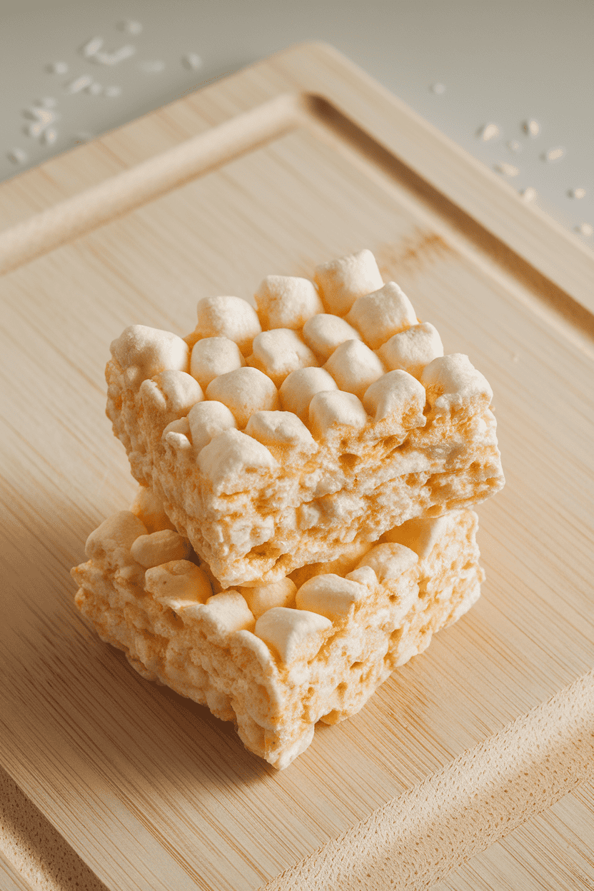 An indoor cutting board scene with two golden marshmallow rice cereal squares stacked slightly askew, gooey edges visible. No text or logos.