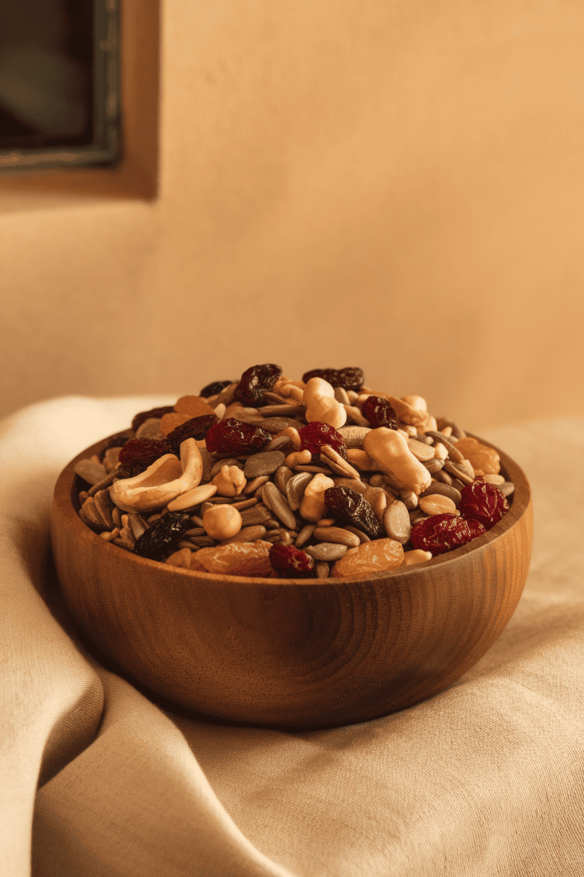 An indoor wooden bowl filled with a colorful mix of raisins, dried cranberries, peanuts, and sunflower seeds. Warm lighting; no text or logos, photo style.
