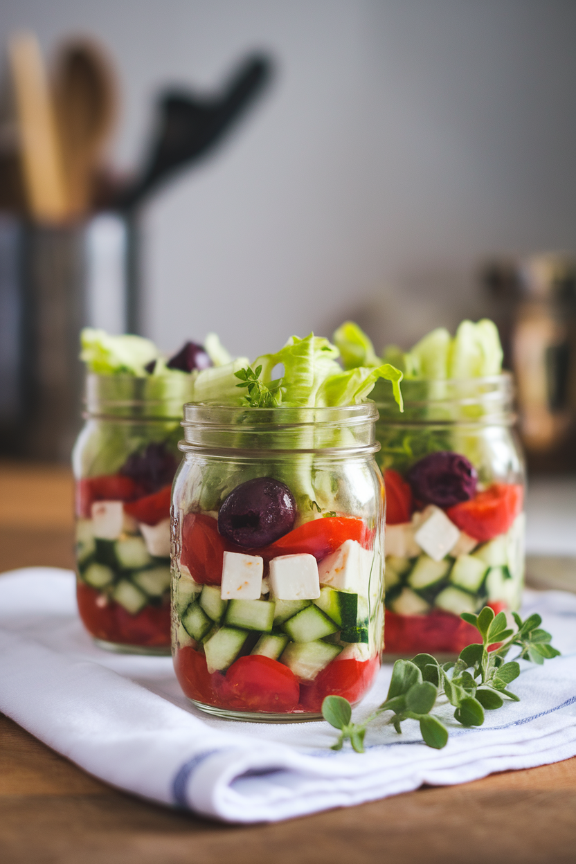 Photo of an indoor kitchen table featuring several small mason jars layered with vinaigrette, diced cucumber, cherry tomatoes, kalamata olives, feta cubes, and romaine ribbons on top. Shot straight on to show the colorful layers. No text or logos anywhere.