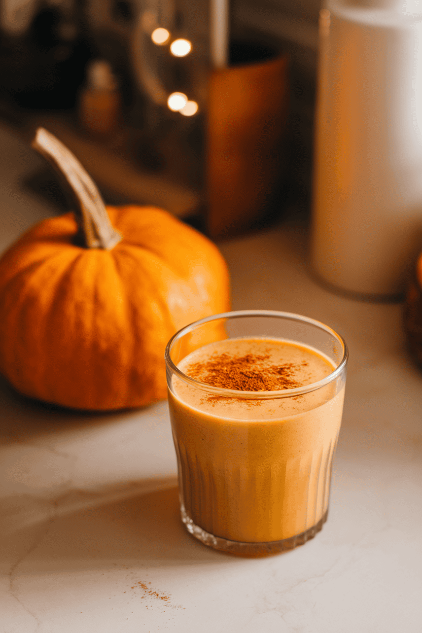 Indoor autumn-themed counter with an orange pumpkin smoothie in a clear glass, sprinkled with cinnamon; cozy warm lighting; photograph, not illustration; no text or logos.