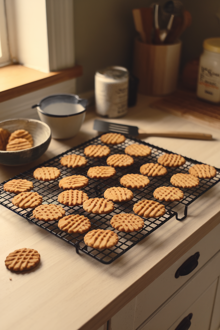 An indoor kitchen counter with a cooling rack holding golden peanut butter cookies, crisscross fork marks visible. Photo, no text or logos in scene.