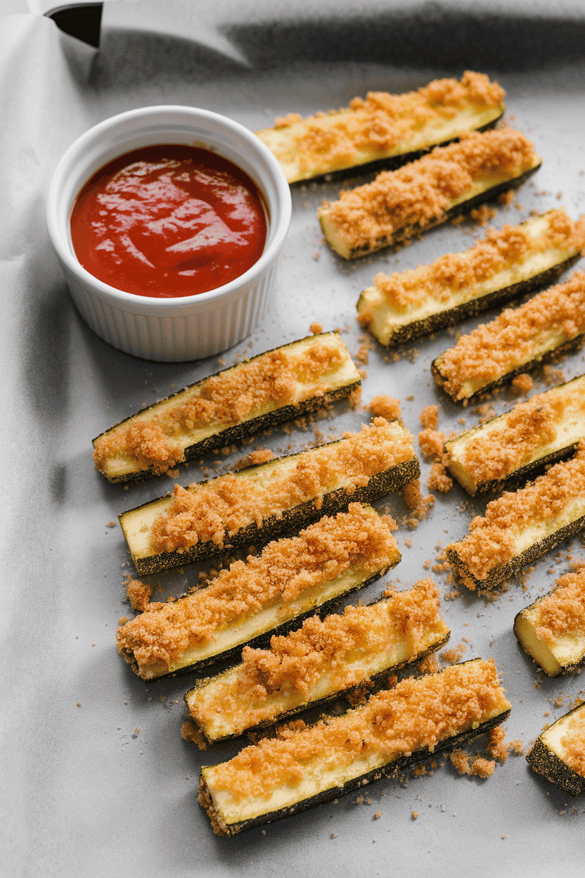 An indoor parchment-lined baking sheet holding golden breadcrumb-coated zucchini sticks with a ramekin of marinara dip; no text or logos. Photo, not illustration.
