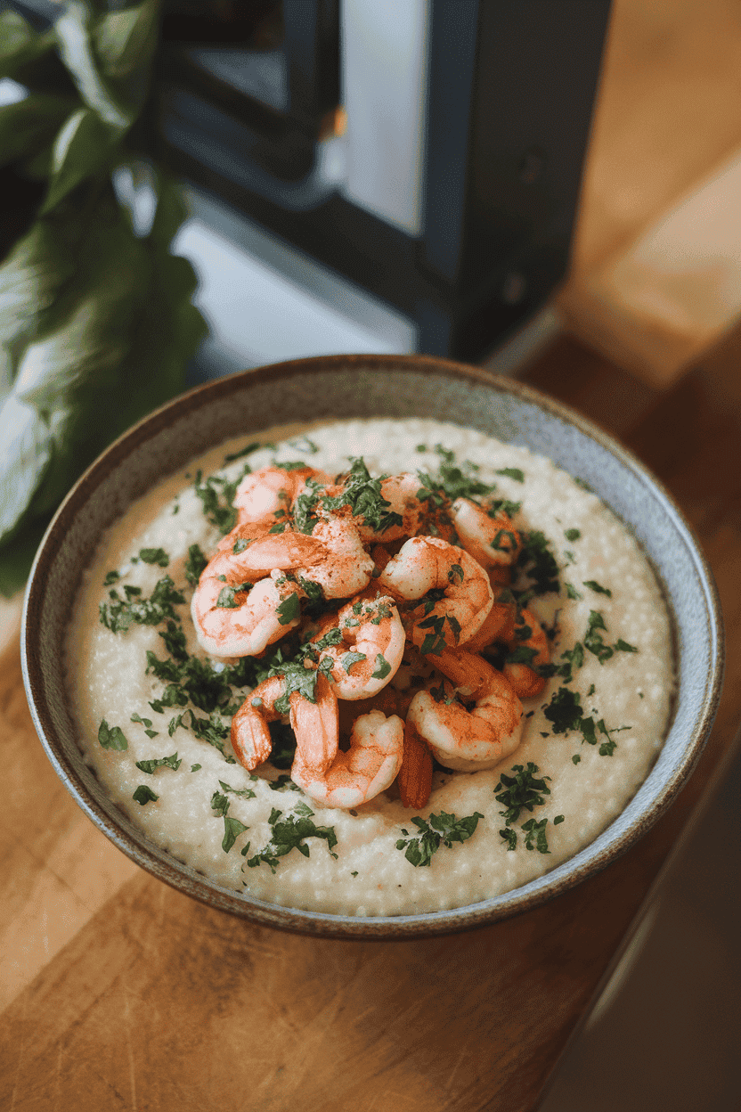 Photo of a shallow bowl of creamy grits topped with cooked Cajun-spiced shrimp and chopped parsley, all on an indoor wooden surface. No text or logos visible.