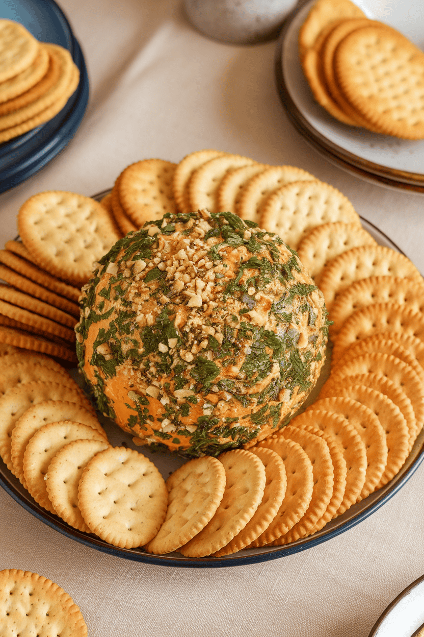 An indoor table scene showing a round cheddar cheese ball coated in chopped parsley and crushed nuts, surrounded by assorted budget crackers. No text or logos, photo only.