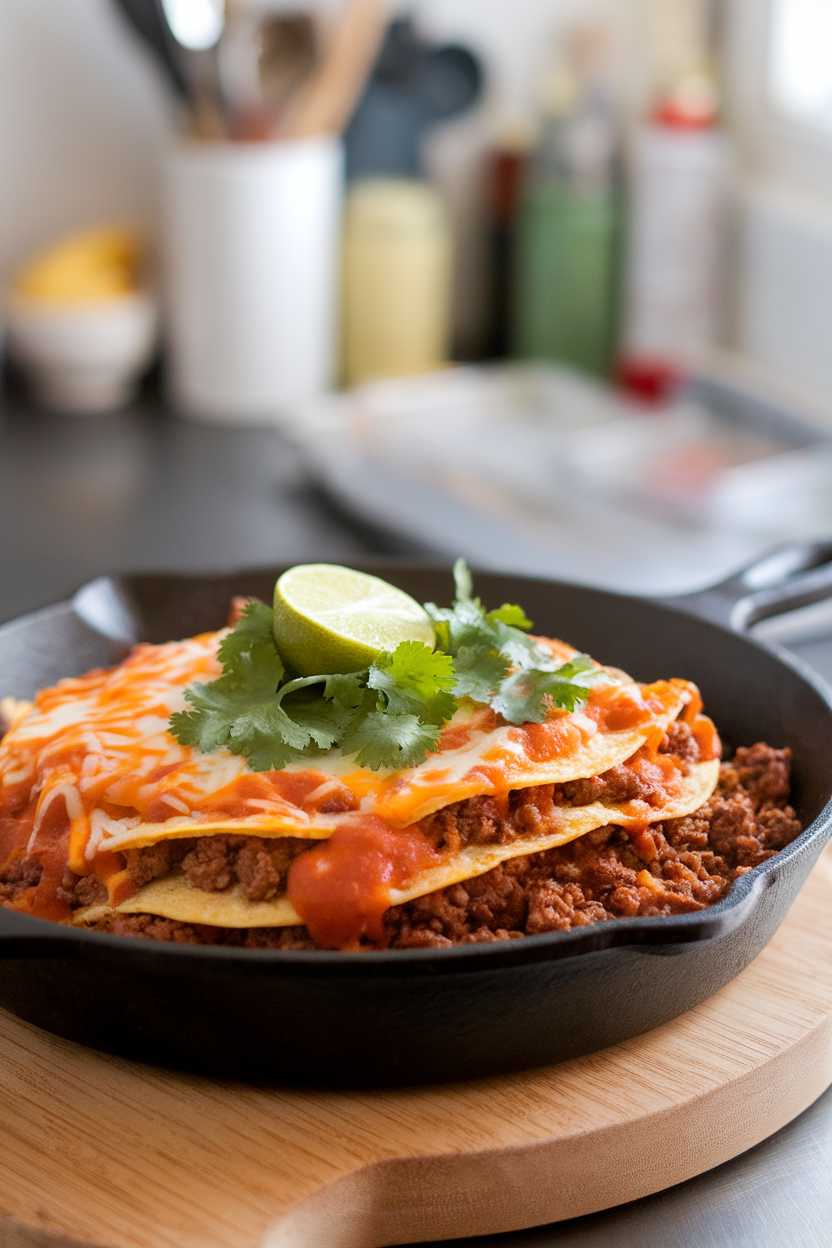 Indoor cast-iron skillet containing layers of corn tortillas, ground beef, red enchilada sauce, and melted cheese, photographed from above. No logos or text. Photo, not illustration.