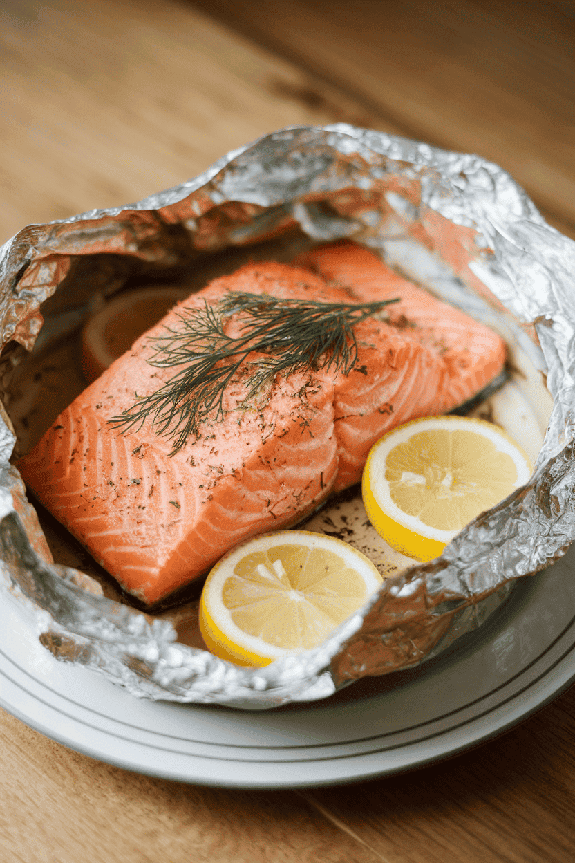 Indoor photo of an opened foil packet revealing a cooked salmon fillet topped with lemon slices and dill, resting on a plate. Soft warm lighting, no text or logos.