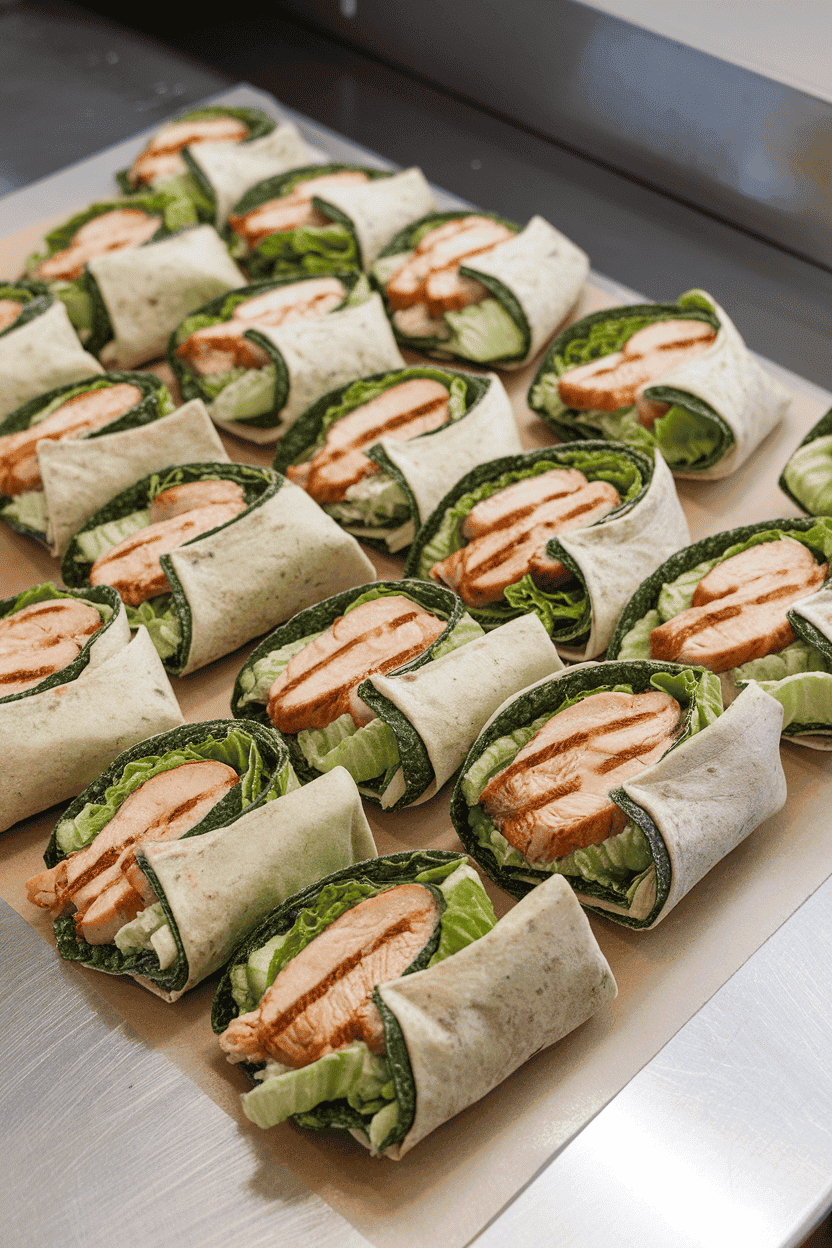 An indoor prep table with halved spinach-tortilla wraps filled with grilled chicken, romaine, and a light Caesar dressing, ends tucked tightly. No text or logos present. Photo, not illustration.