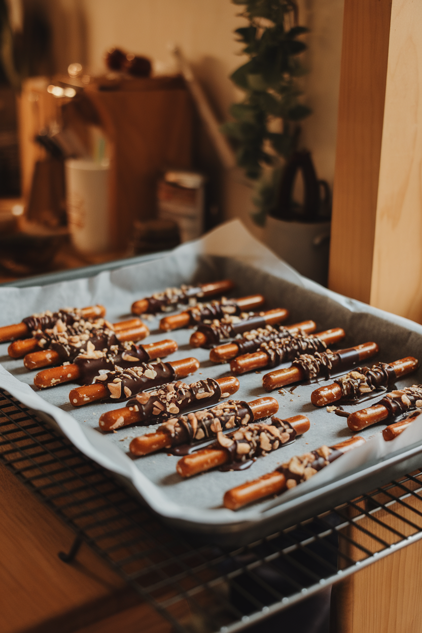 Photo of an indoor baking sheet lined with parchment, holding pretzel rods half-coated in melted dark chocolate and sprinkled with crushed almonds. Warm kitchen lighting; no logos or text.