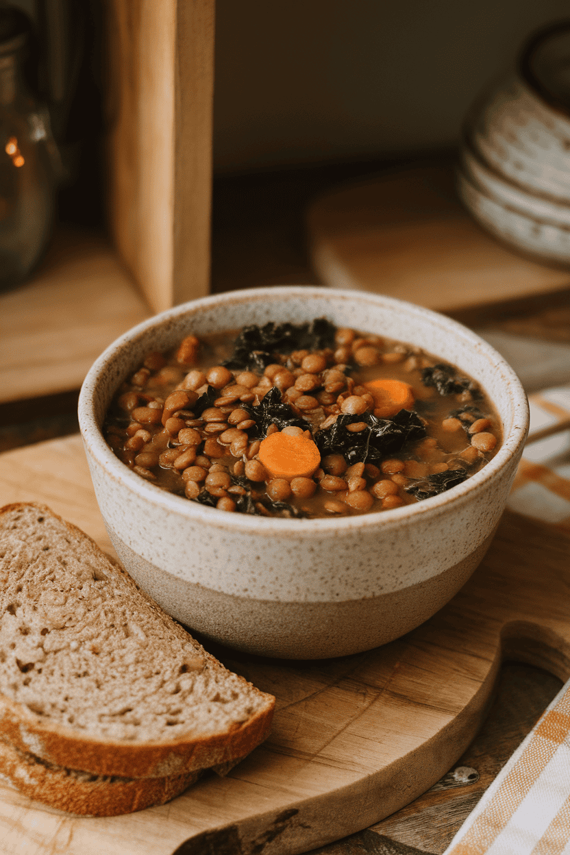 Indoor photo of a stoneware bowl filled with earthy lentil soup, bits of carrot and kale visible, served with a slice of whole-grain bread. No text or logos.