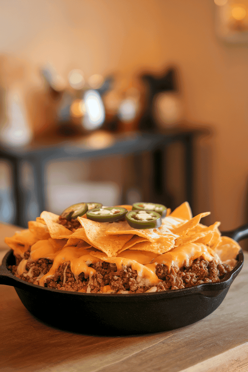 Photo of a cast-iron skillet filled with layered tortilla chips, melted cheese, seasoned ground beef, and jalapeño slices on a wooden table indoors. No text or logos in scene.