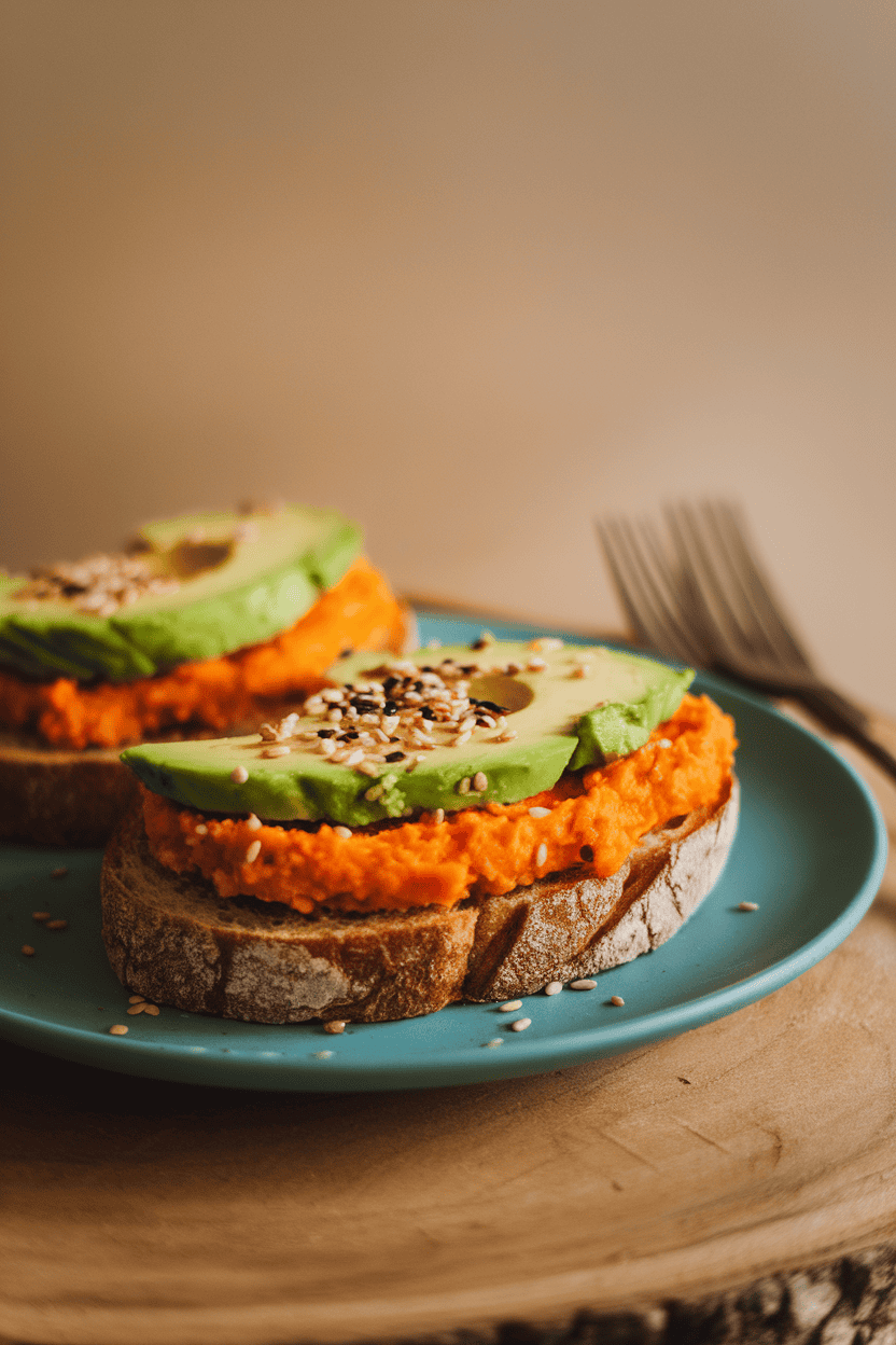 Indoor photo of toasted sourdough topped with mashed roasted sweet potato, sliced avocado, and a sprinkle of sesame seeds. Warm morning light, no logos or text.