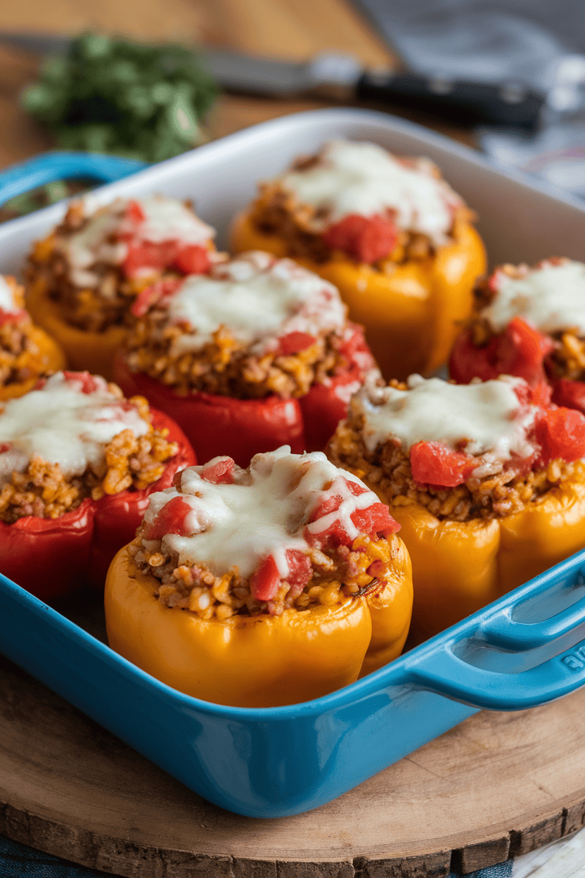 An indoor baking dish of roasted bell peppers filled with rice, ground turkey, and diced tomatoes, cheese melted on top—photo, no text or logos.