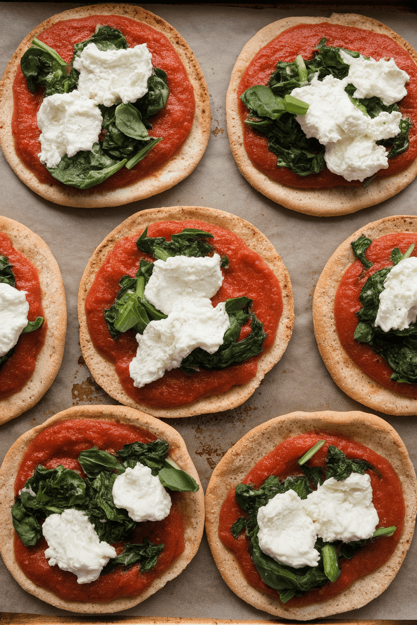 Indoor baking sheet with round whole-wheat pitas spread with marinara, dollops of ricotta and chopped spinach, cheese melted and edges crisp. No text or logos.